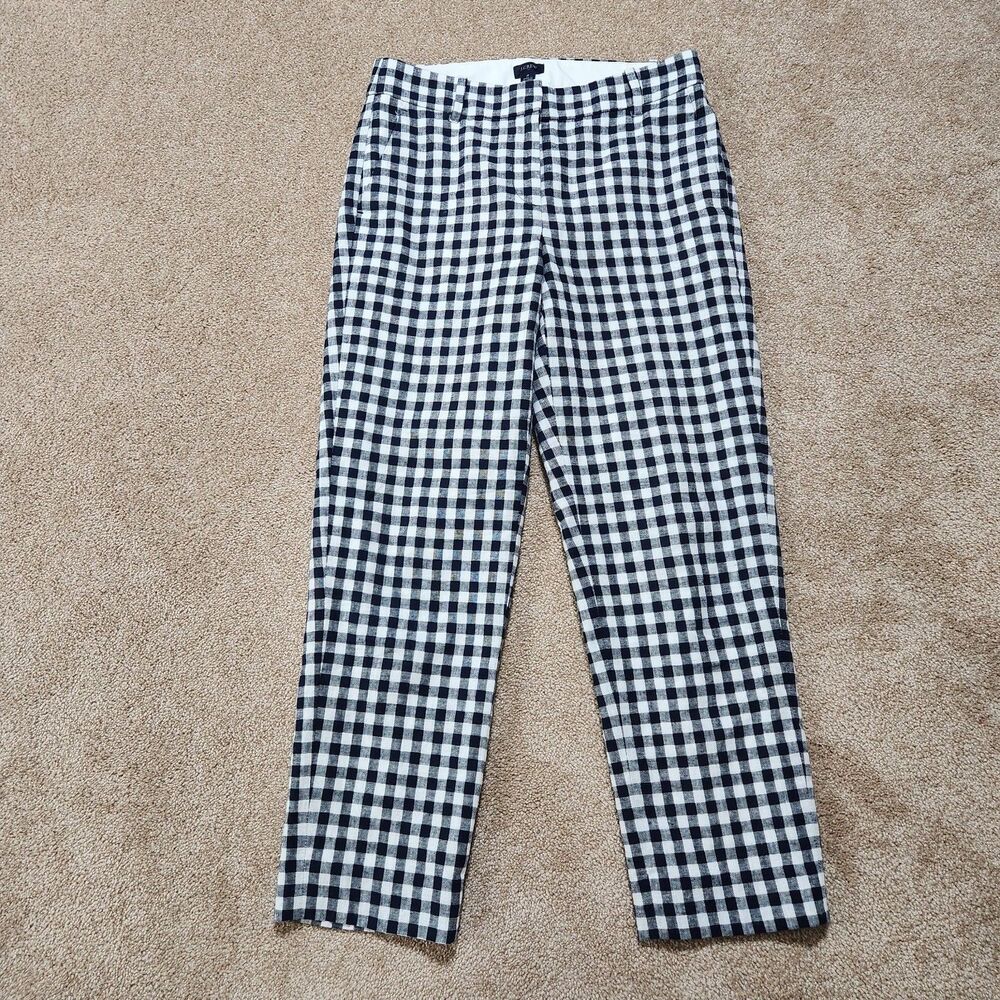 J. Crew Dress Pants Women 2 Navy Checked Linen Blend Mid Rise Straight Leg Lined